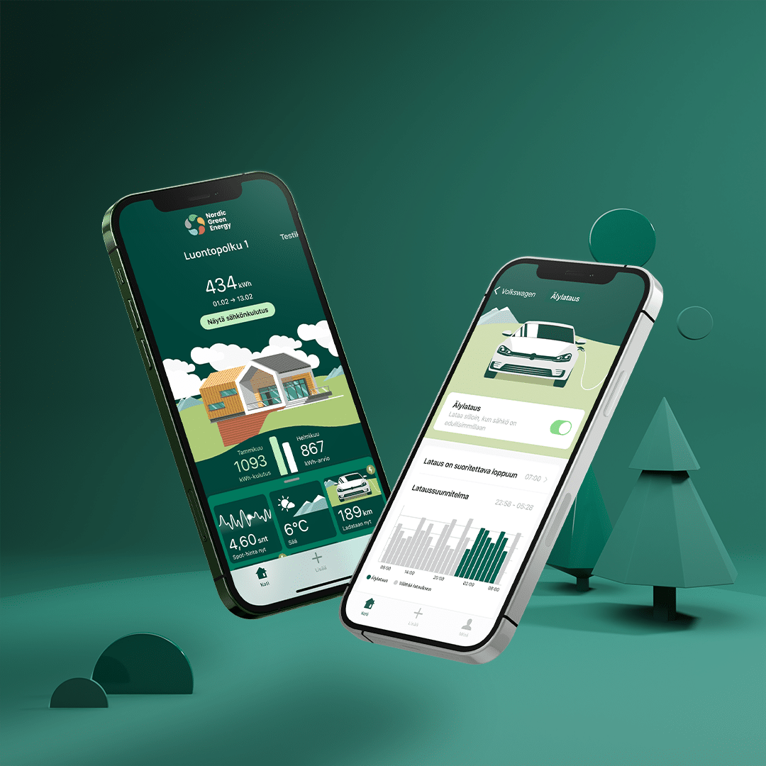 Nordic Green Energyn mobiilisovellus. Kuvassa kaksi puhelinta. toisessa näkyy sovelluksen aloituskuvake ja toisessa on sähköauton älylataus.