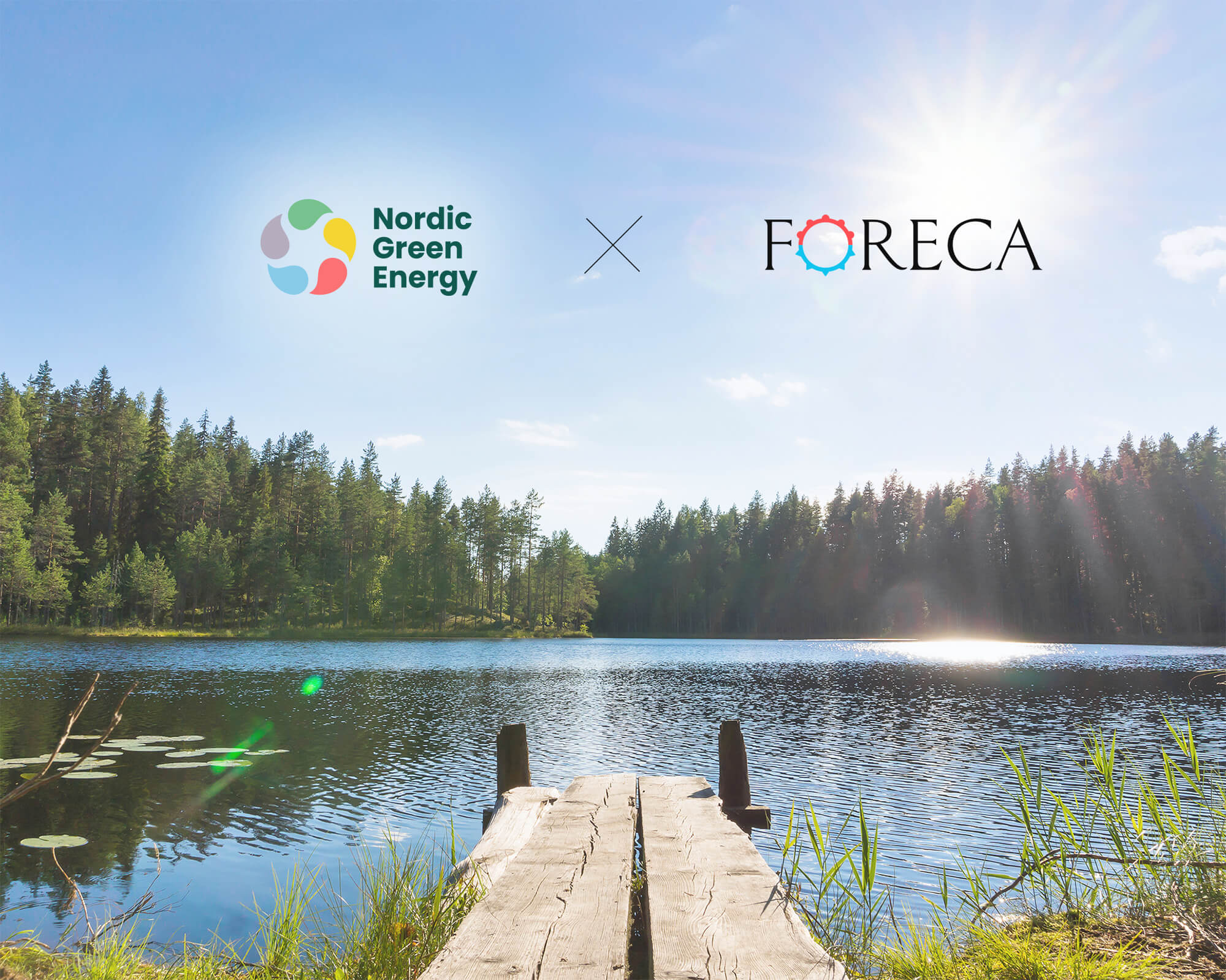 nge_foreca_2000x1600px Nordic Green Energy logo ja Foreca logo. Taustalla järvimaisema ja laituri.