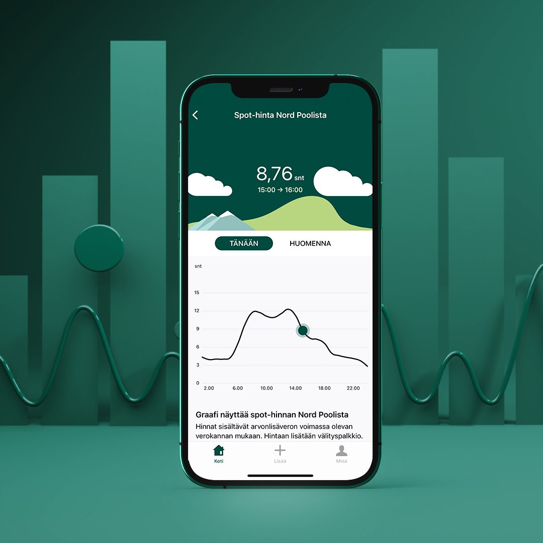 Nordic Green Energyn mobiilisovellus. Näyttökuvassa näkyy viivadiagrammi, joka esittää sähkön spot-hintaa ja sen kehitystä.